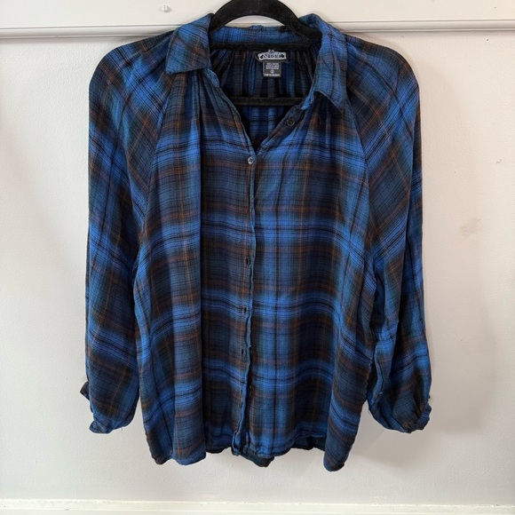 Angie Blue Black Plaid Button-Up Shirt Flannel - Picture 1 of 6